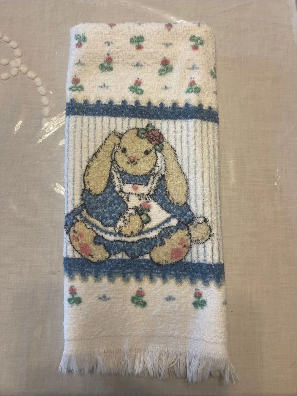 Plush Bunny Embroidered Hand Towel - Cream and Blue